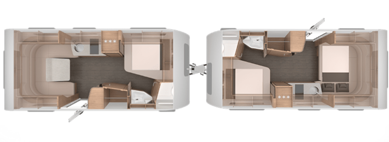 Schéma karavanu so zvýraznenými oddelenými zónami pre spanie, oddych a kuchyňu